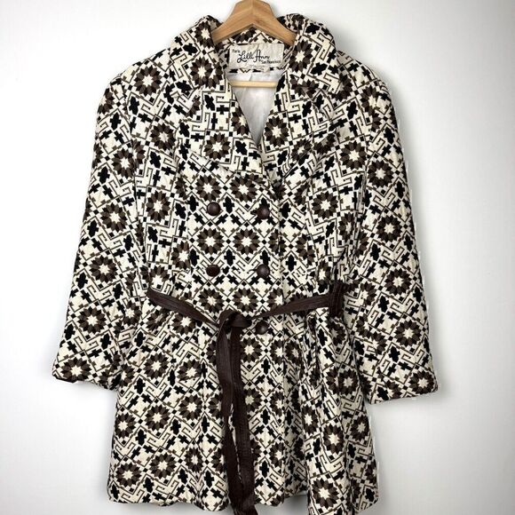 Vintage Rare 60s Lilli Ann Geometric Tapestry Leather Trim Swing Coat, Sz S - Picture 1 of 16